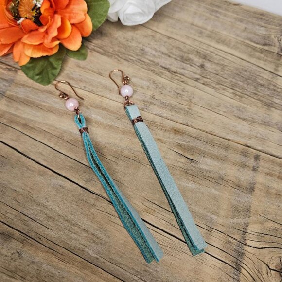 Hand Crafted Boho Style Pastel Green Leather Sunstone Dangle Earrings - Picture 2 of 4